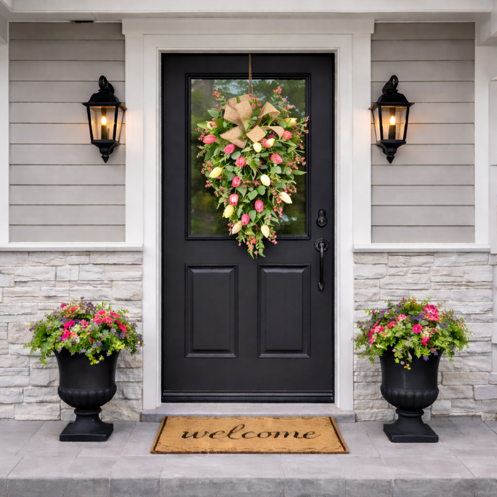 Artificial Tulip Door Swag with Greenery Leaves and Burlap Bow