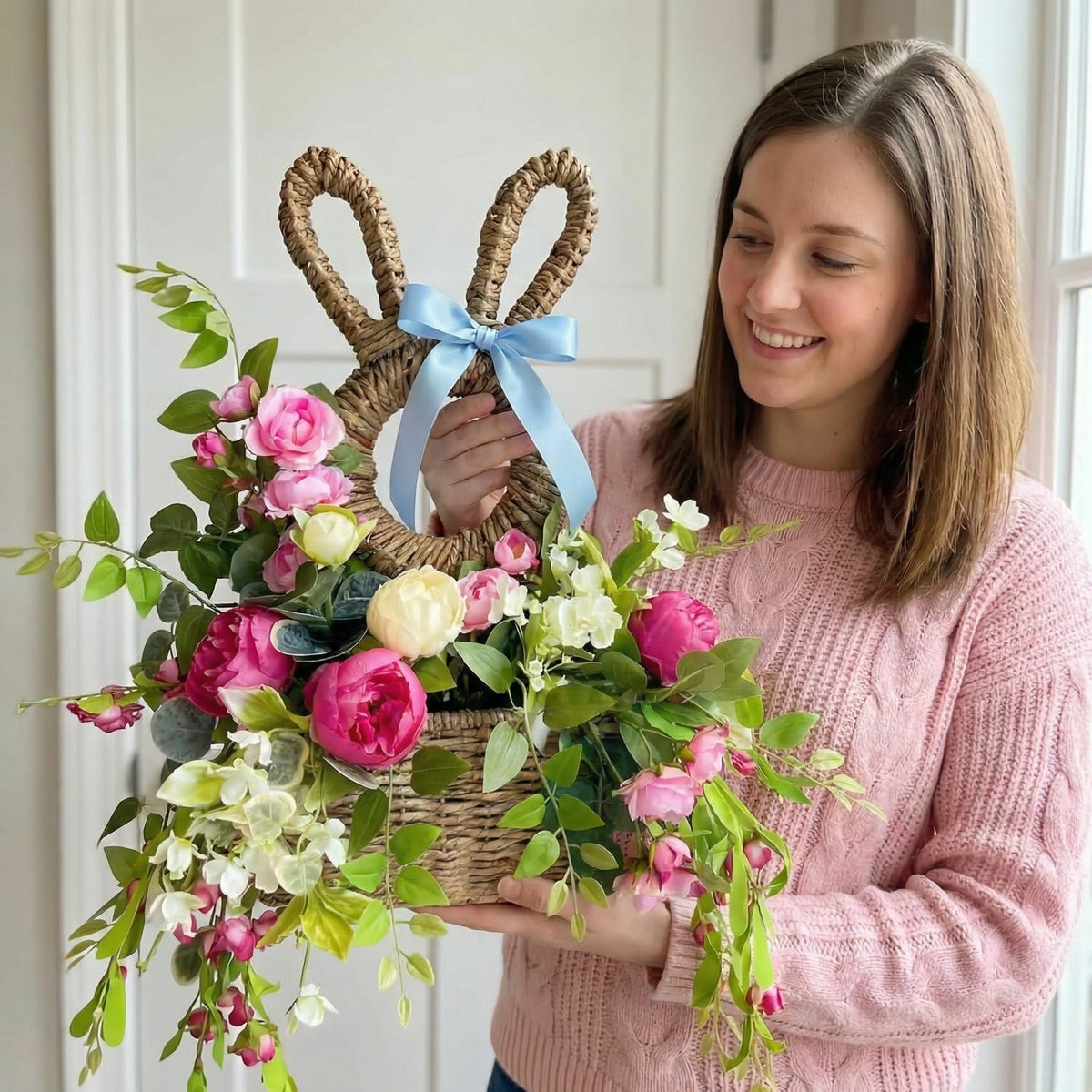 Bunny Basket Hanging Wall Pocket Spring Decor