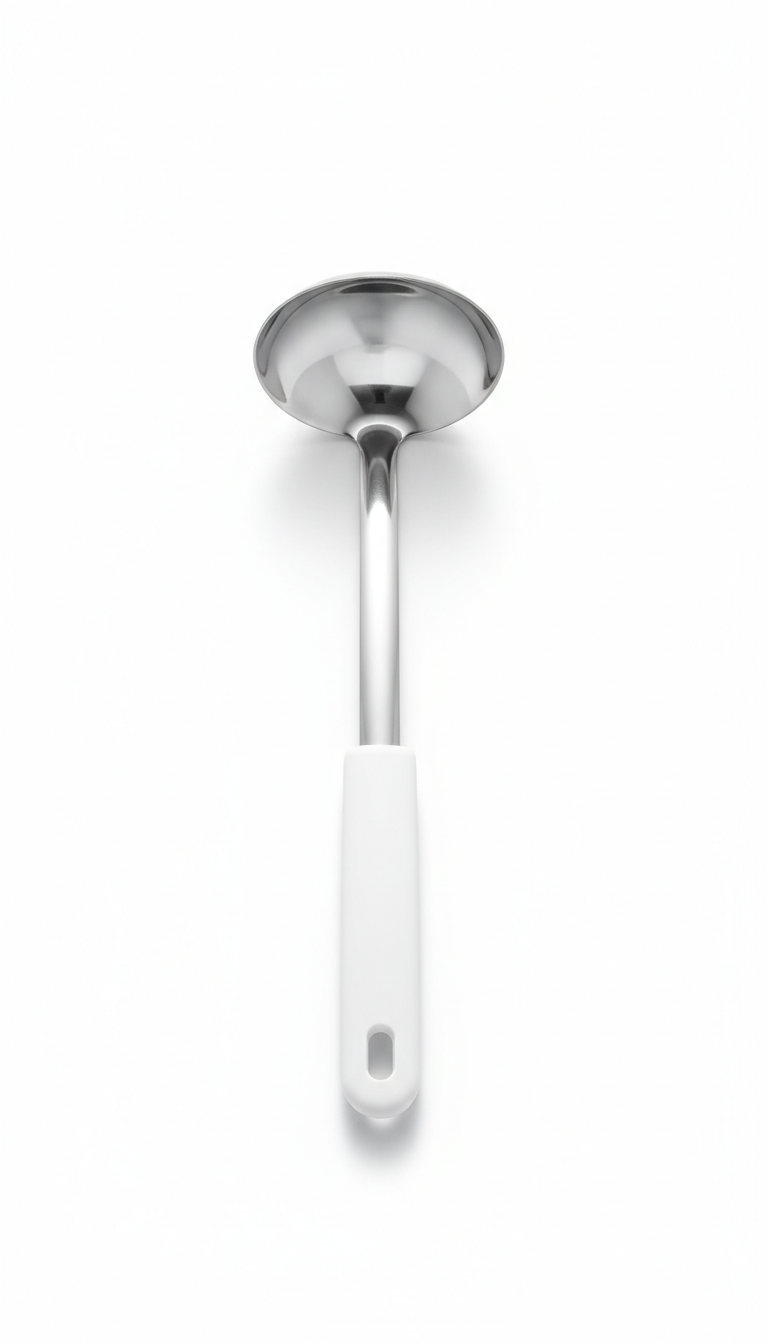 Stainless steel ladle with clean white handle